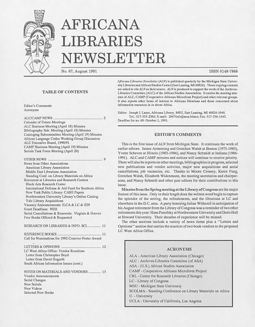 Africana libraries newsletter. No. 67 (1991 August)