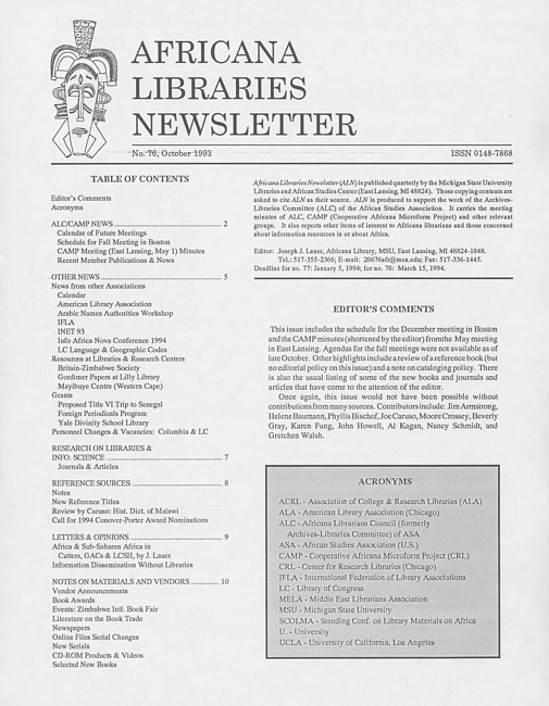 Africana libraries newsletter. No. 76 (1993 October)