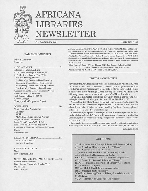 Africana libraries newsletter. No. 77 (1994 January)