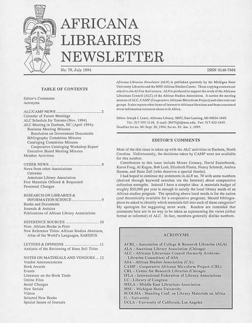 Africana libraries newsletter. No. 79 (1994 July)
