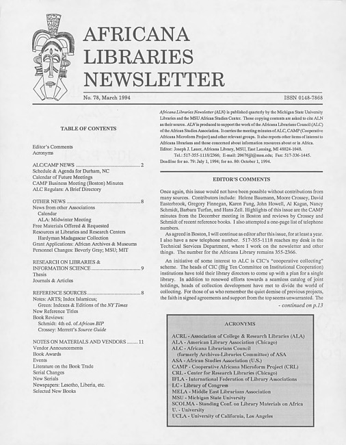 Africana libraries newsletter. No. 78 (1994 March)