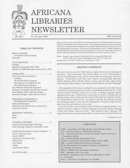 Africana libraries newsletter. No. 82 (1995 April)