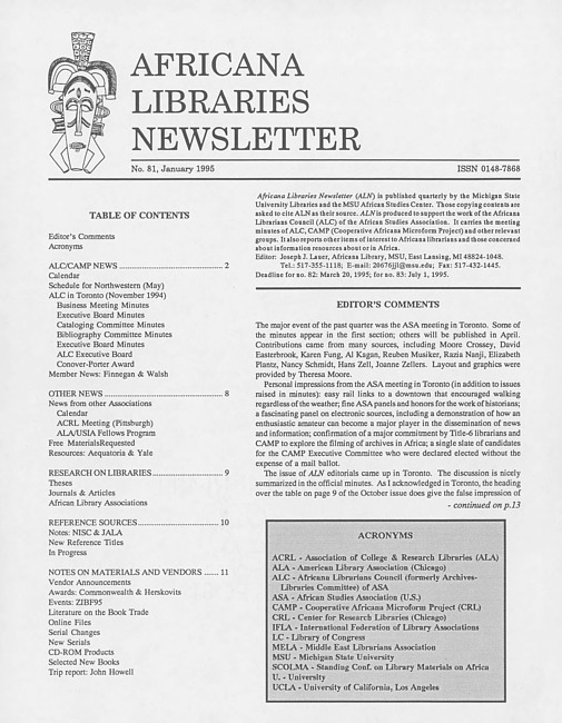 Africana libraries newsletter. No. 81 (1995 January)
