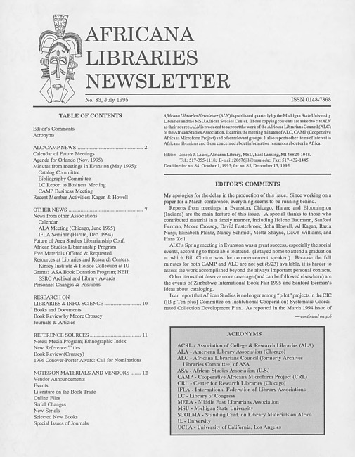 Africana libraries newsletter. No. 83 (1995 July)