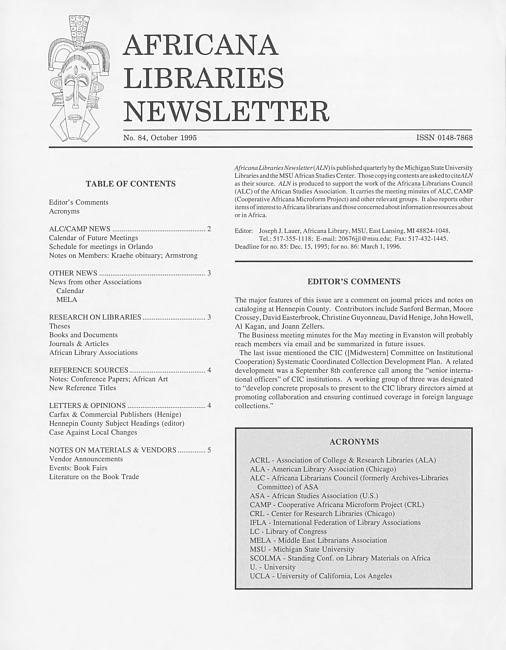 Africana libraries newsletter. No. 84 (1995 October)