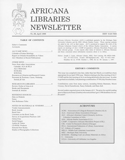 Africana libraries newsletter. No. 86 (1996 April)