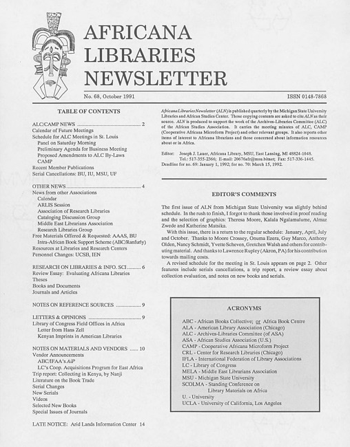 Africana libraries newsletter. No. 68 (1991 October)