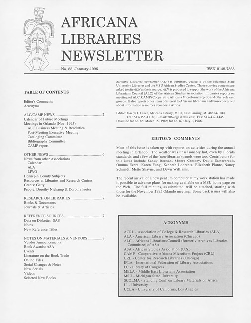 Africana libraries newsletter. No. 85 (1996 January)