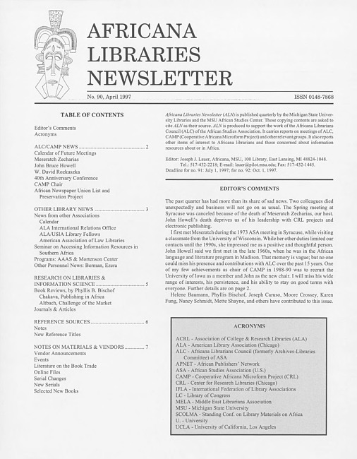 Africana libraries newsletter. No. 90 (1997 April)