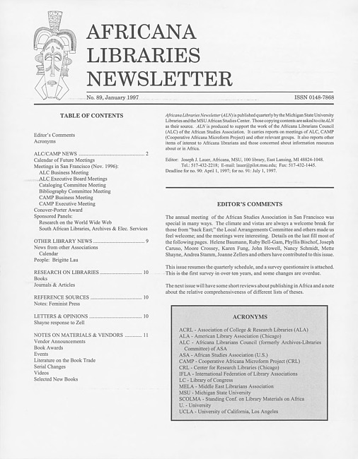 Africana libraries newsletter. No. 89 (1997 January)