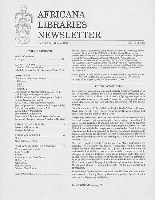 Africana libraries newsletter. No. 91/92 (1997 July/October)