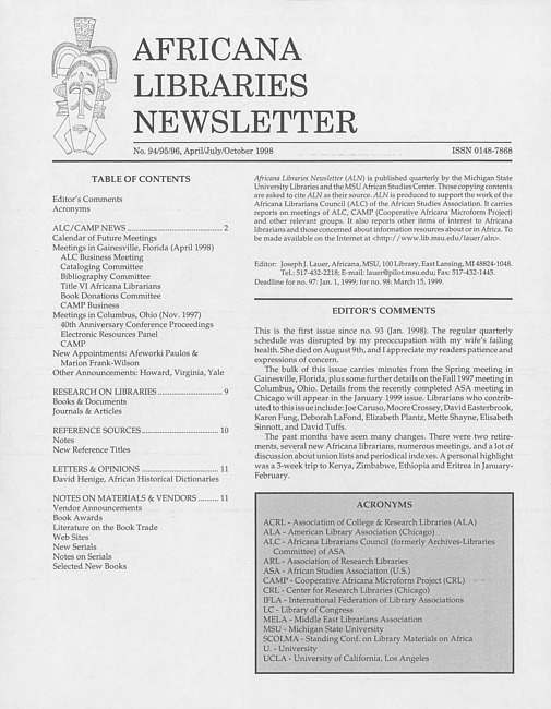 Africana libraries newsletter. No. 94/95/96 (1998 April/July/October)