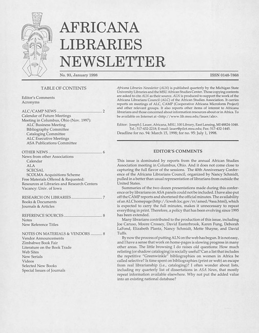 Africana libraries newsletter. No. 93 (1998 January)
