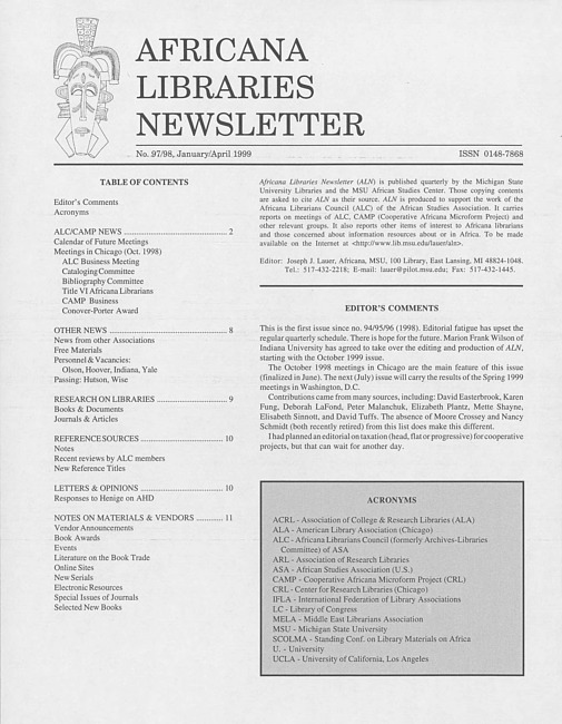 Africana libraries newsletter. No. 97/98 (1999 January/April)