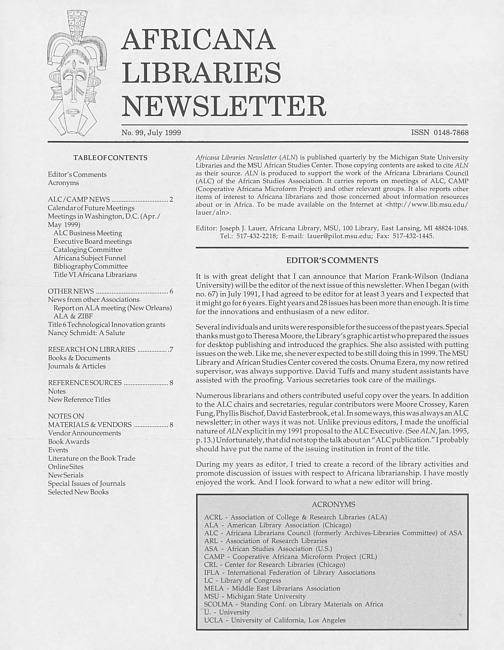 Africana libraries newsletter. No. 99 (1999 July)