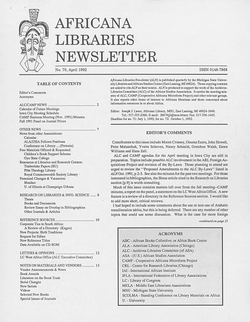 Africana libraries newsletter. No. 70 (1992 April)