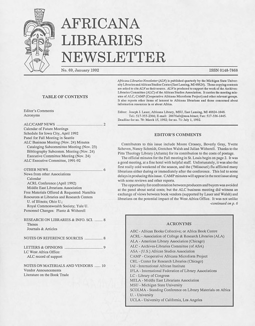 Africana libraries newsletter. No. 69 (1992 January)