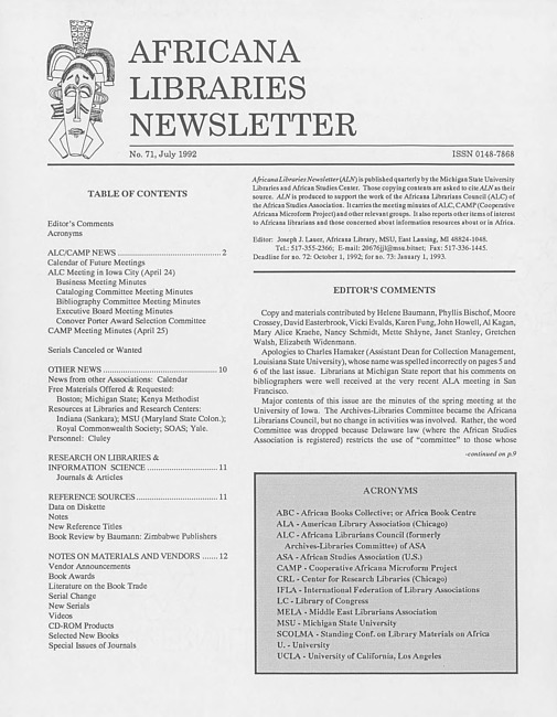 Africana libraries newsletter. No. 71 (1992 July)