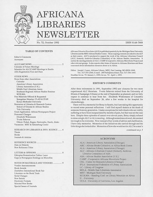 Africana libraries newsletter. No. 72 (1992 October)
