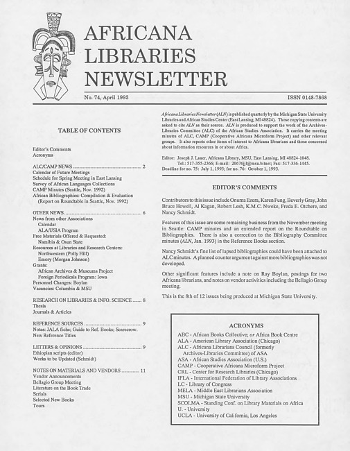Africana libraries newsletter. No. 74 (1993 April)