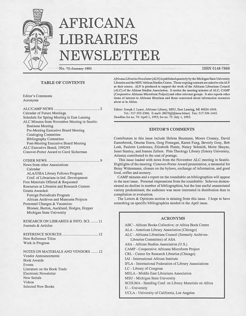 Africana libraries newsletter. No. 73 (1993 January)