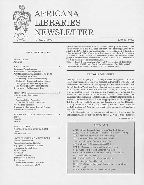Africana libraries newsletter. No. 75 (1993 July)