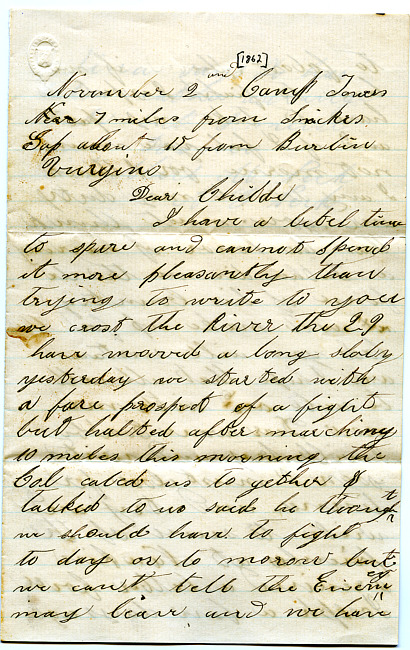 Abel Peck Letter : November 2, 1862
