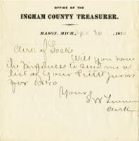 Arnold Note : April 30, 1870, Ingham County Treasurer Message
