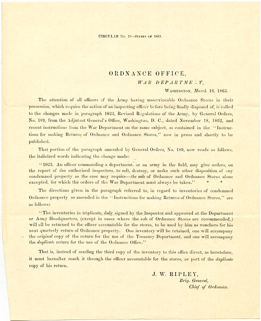 Benjamin D. Pritchard Military Records : Circular 10, Ordnance Office of the War Department
