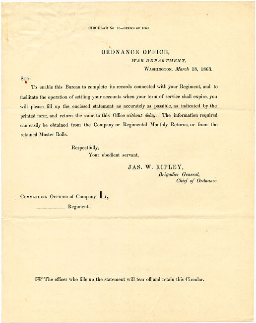Benjamin D. Pritchard Military Records : Circular 13, Ordnance Office of the War Department