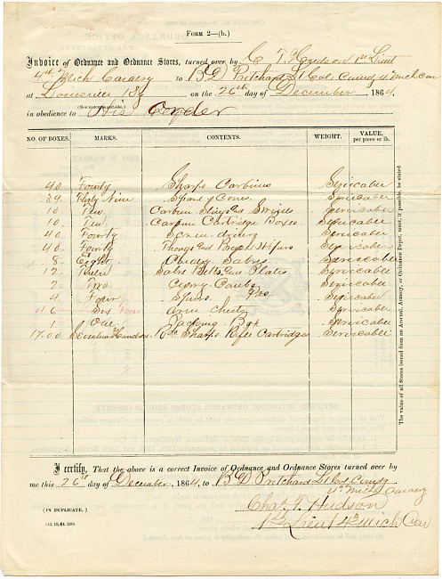 Benjamin D. Pritchard Military Records : Invoice of Ordnance and Ordnance Stores (Dec. 26, 1864)