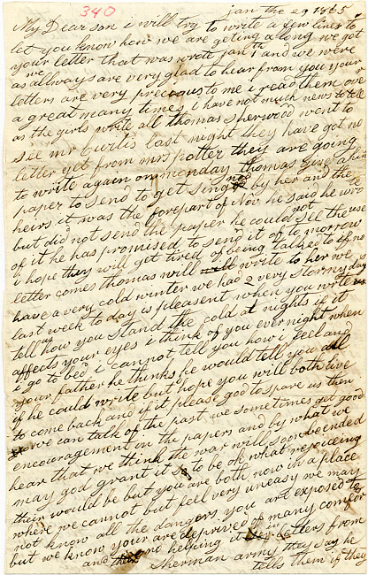 Sarah Noddins Letter : January 29, 1865