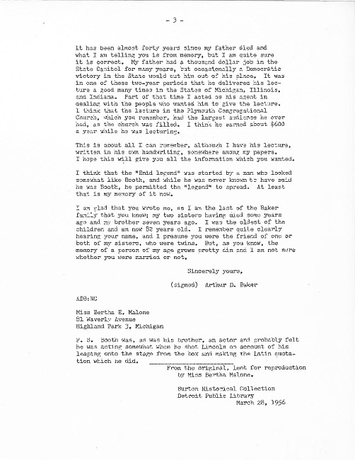 Arthur D. Baker Letter