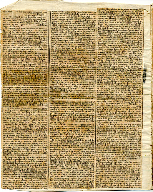 Cathcart Newspaper Clippings, 1860-61 : "The Appeal of the Southern Commissioners," Lord John Russell's "Reply," and "Lord Russel's Interview with the Southern Commissioners," August 14, 1861