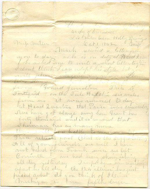 Mark Flower Letter : October 1 1862