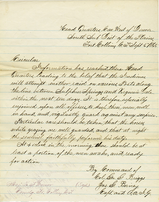 Circular from Colonel Briggs to the Head Quarters Cavalry