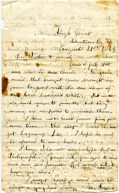 Deborah Hardenbergh Payn Letter - August 21, 1864