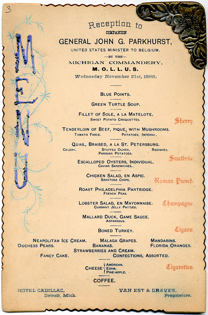 Reception Menu : November 21, 1888