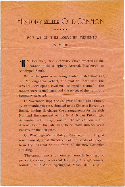 History of the Old Cannon : From Which This Souvenir Memento is Made: September 10, 1894