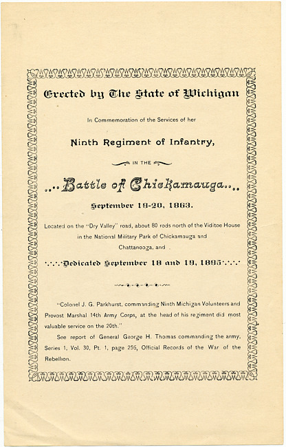 Leaflet Commemorating Monument to 9th Michigan Infantry Regiment : September 19-20, 1863