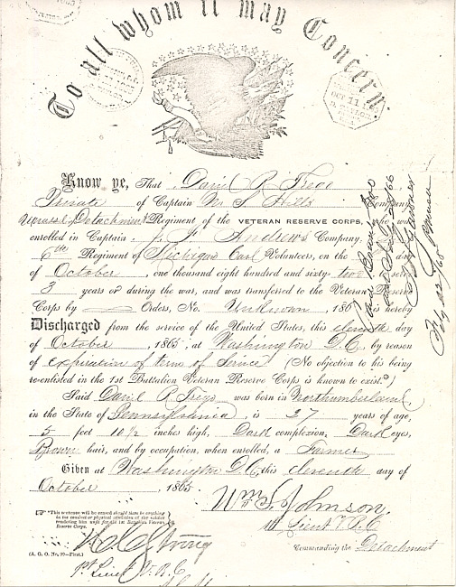 David R. Frego Discharge Papers : October 11, 1865