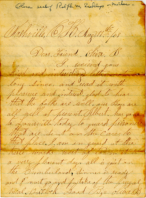 Ralph E. Stout Letter : August 11, 1863