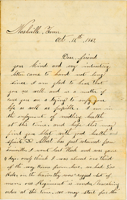 Ralph E. Stout Letter : October 11, 1863