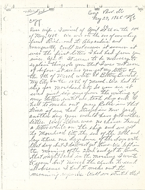 Simeon A. Howe Letter : May 22, 1865