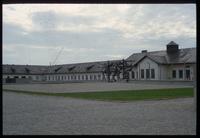 Dachau Concentration Camp : View of commemorative sculpture and admin from main gate