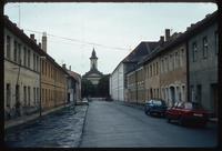 Theresienstadt Concentration Camp : Terezin street scene with church and steeple (for camp context)