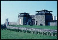 Mauthausen Concentration Camp : Main barracks area gate with sculpture