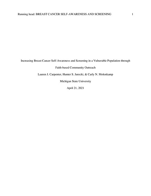 Increasing breast cancer self-awareness and screening in a vulnerable population through faith-based community outreach