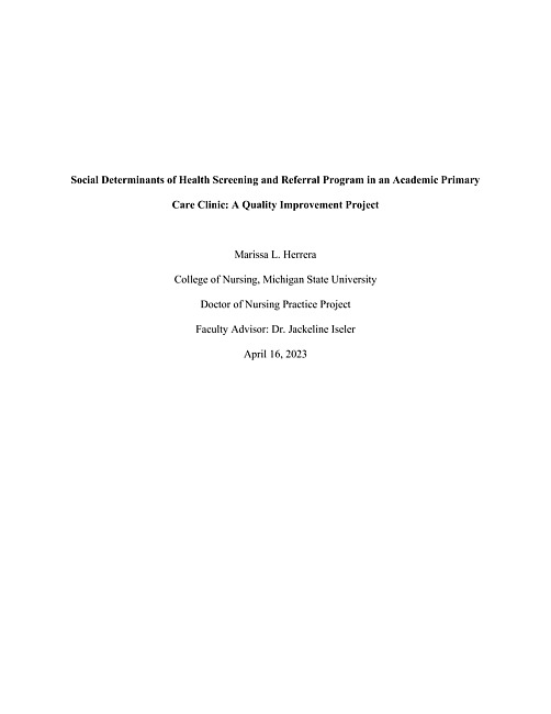Social determinants of health screening and referral program in an academic primary care clinic : a quality improvement project