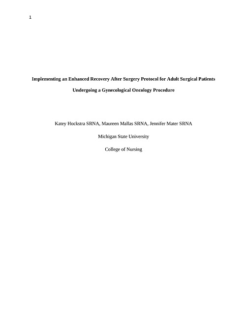 Implementing an enhanced recovery after surgery protocol for adult surgical patients undergoing a gynecological oncology procedure